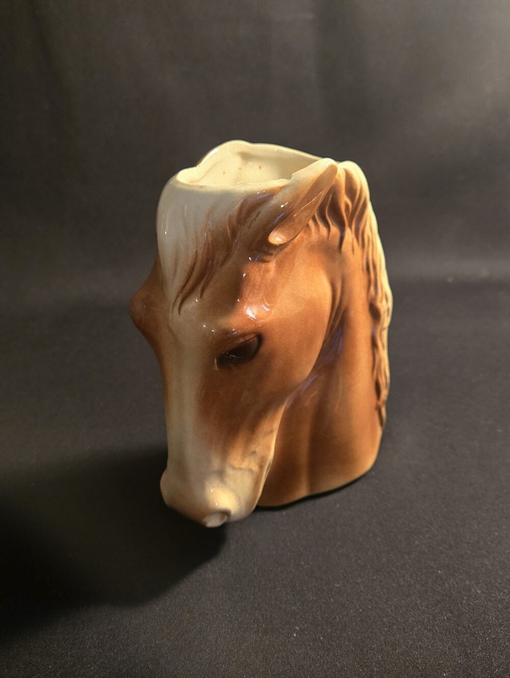 MCM Ceramic Horse Head Vase — Brown and Cream Decorative Accent